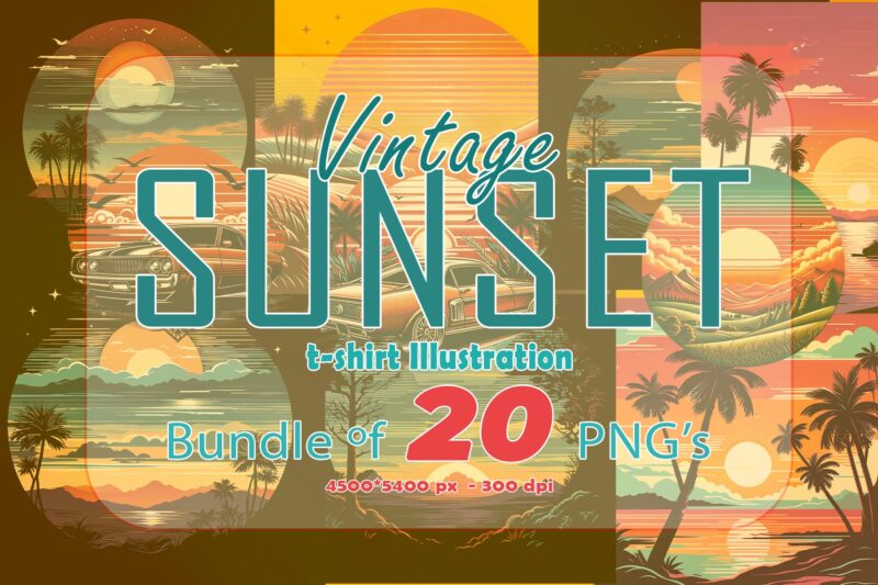 Vintage Sunset T-shirt Illustration Clipart Bundle crafted for Print on Demand Business