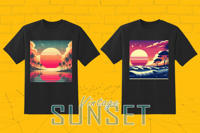 Vintage Sunset T-shirt Illustration Clipart Bundle crafted for Print on Demand Business