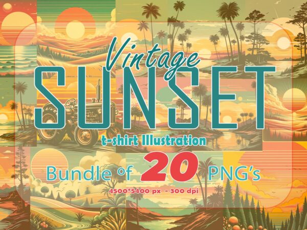 20 retro sunset illustration t-shirt clipart bundle