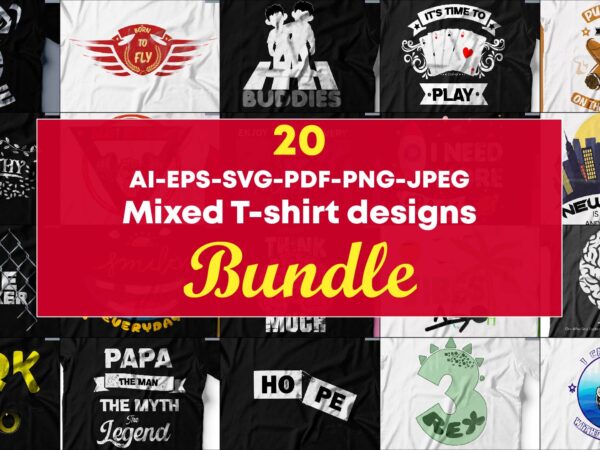 Pack of 20 mixed t-shirt designs for sale.