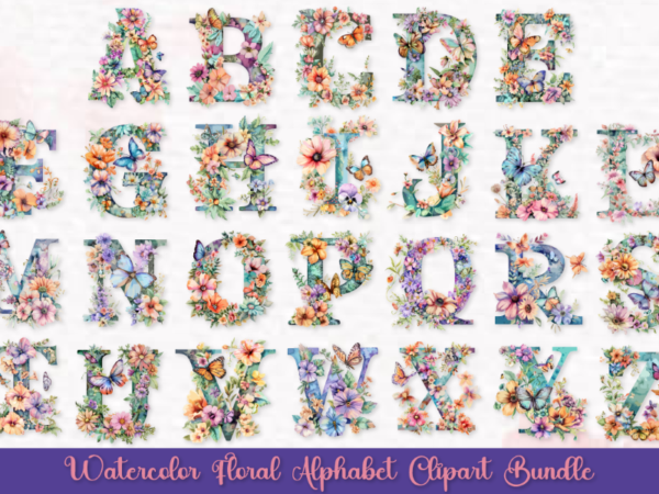 Watercolor floral alphabet clipart bundle, flower alphabet for sublimation design