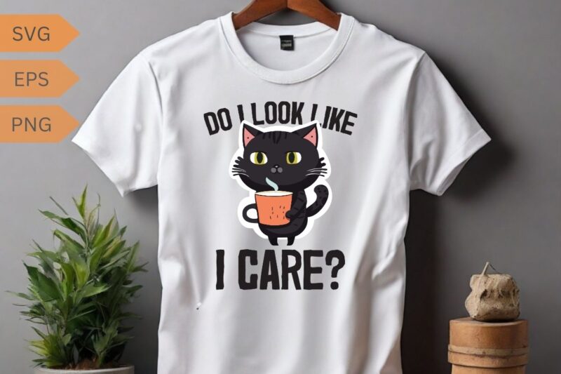 Do I look like I care? Cat drinks coffee funny cat lover Funny cat lover T-shirt design vector, cat meme, lazy cat shirt, cat grandma svg,