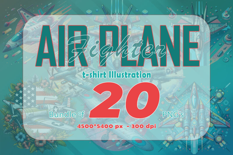 20 Watercolour Fighter Plane Tee Illustration Clipart Bundle made for Print on Demand platforms