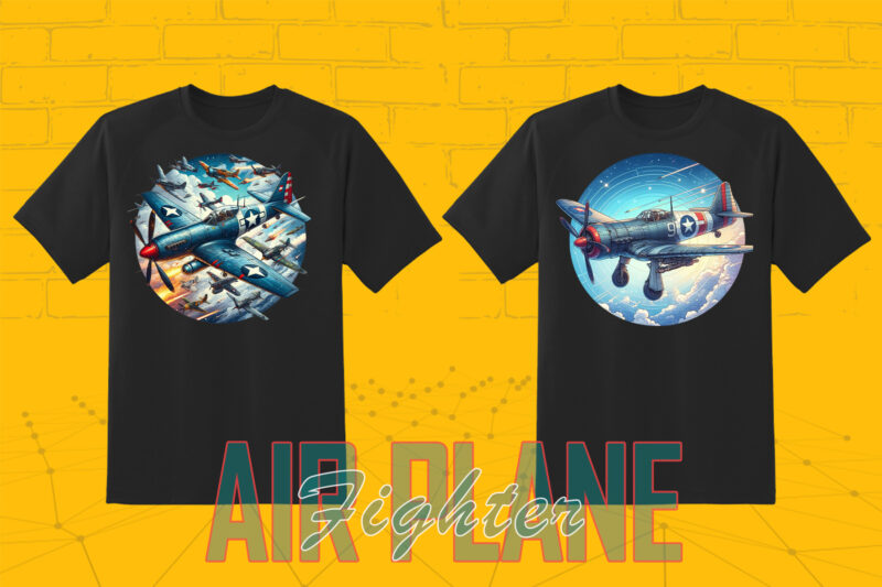 20 Watercolour Fighter Plane Tee Illustration Clipart Bundle made for Print on Demand platforms