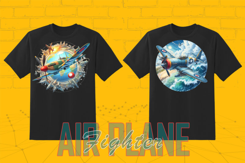 20 Watercolour Fighter Plane Tee Illustration Clipart Bundle made for Print on Demand platforms