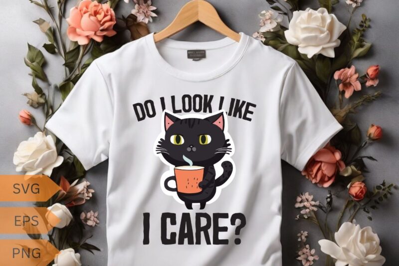 Do I look like I care? Cat drinks coffee funny cat lover Funny cat lover T-shirt design vector, cat meme, lazy cat shirt, cat grandma svg,