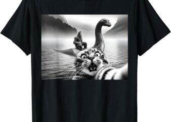 Bigfoot Riding Loch Ness Monster Surprised Scared Cat Selfie T-Shirt