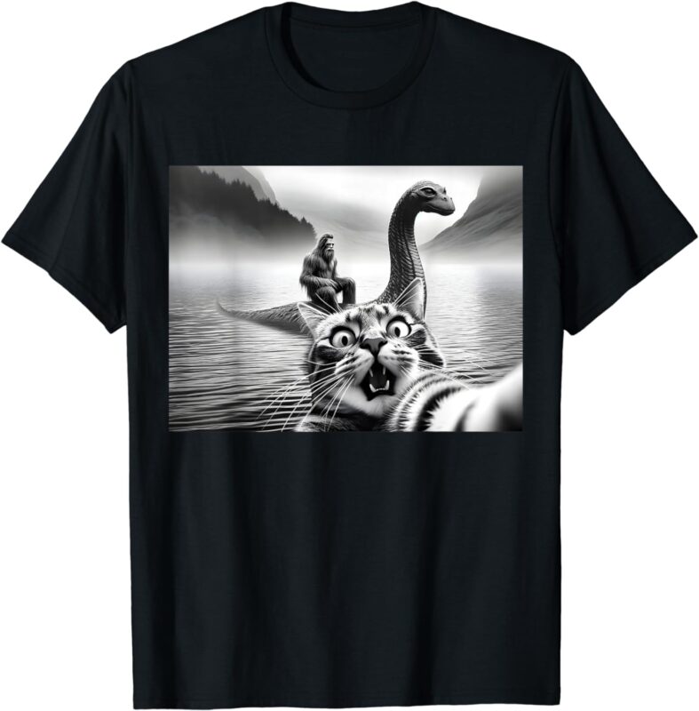 Bigfoot Riding Loch Ness Monster Surprised Scared Cat Selfie T-Shirt