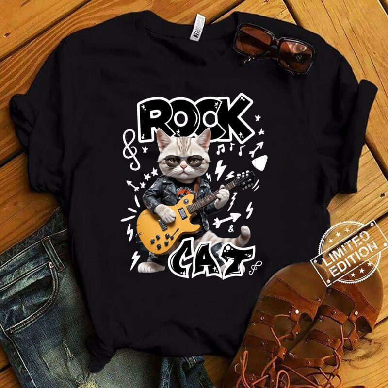 Cat Playing Guitar Rock Star Rock and Roll For Men Women Kid T-Shirt ltsp