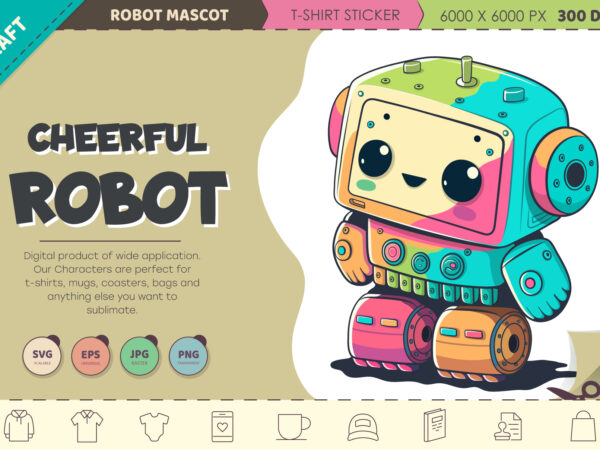 Cheerful cartoon robot. t-shirt, png, svg.