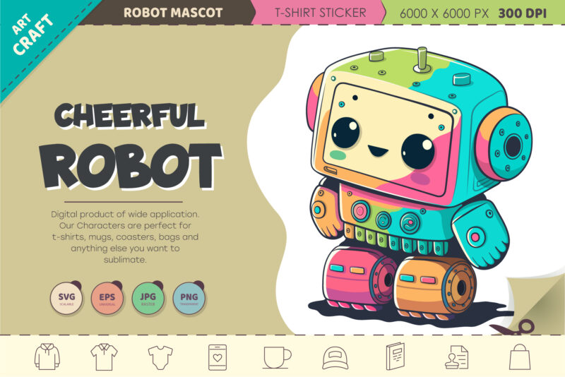 Cheerful cartoon robot. T-Shirt, PNG, SVG.