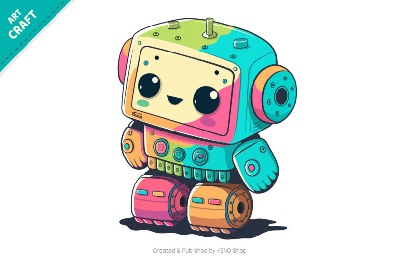 Cheerful cartoon robot. T-Shirt, PNG, SVG.