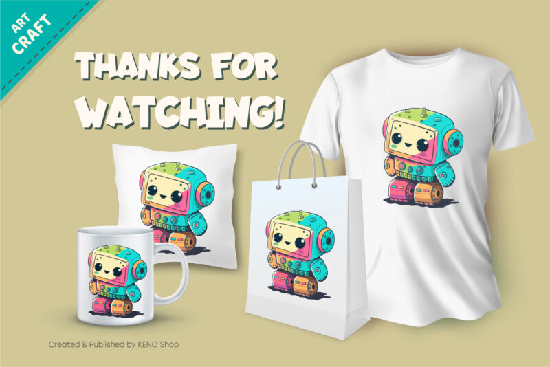 Cheerful cartoon robot. T-Shirt, PNG, SVG.