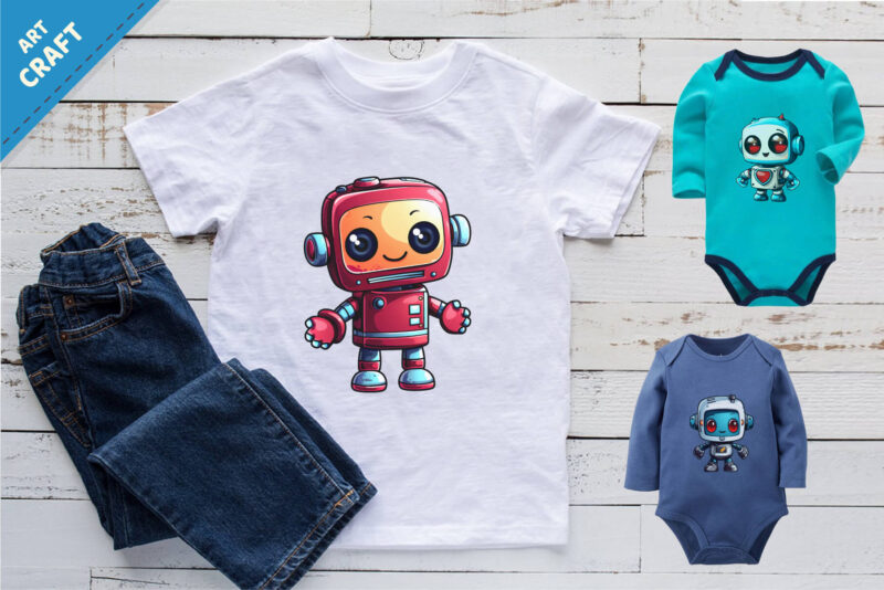 Cute cartoon robot. T-Shirt, Sticker.