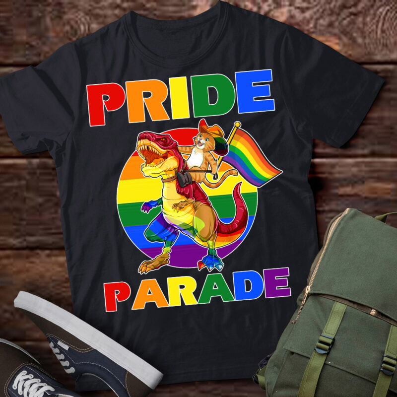 Gay Pride Parade Cat Dino Trex Ready Rainbow Flag Lgbt Ally T-Shirt ltsp