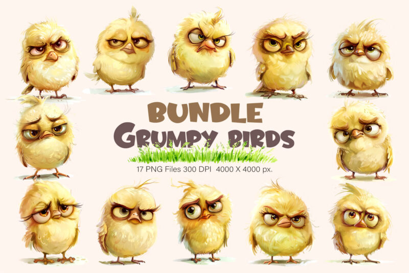 Grumpy cute birds 01. TShirt Sticker.