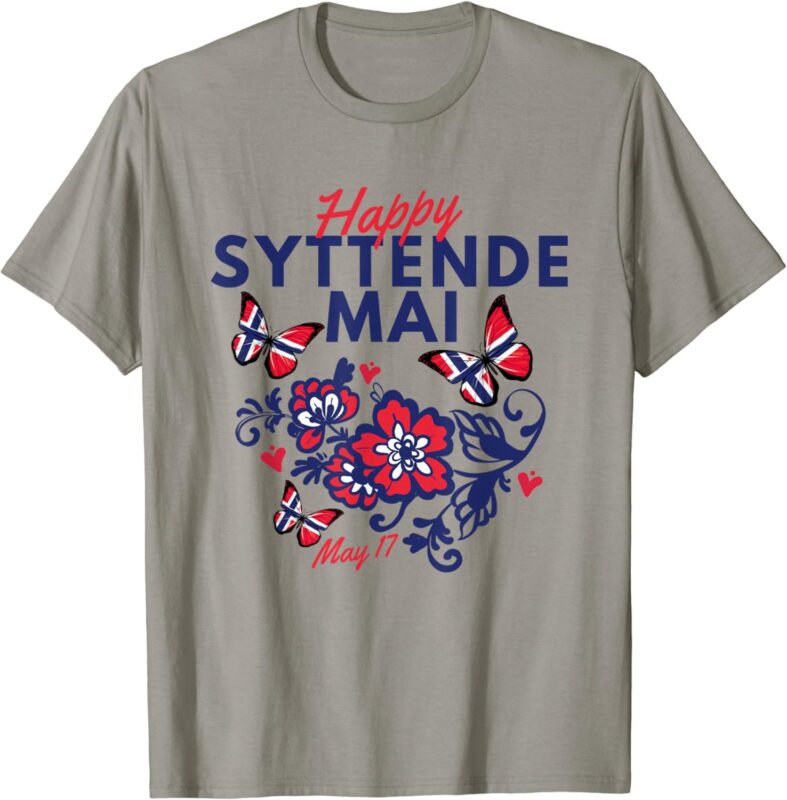 Happy Syttende Mai 17 May Norway Rosemaling Butterflies Flag T-Shirt