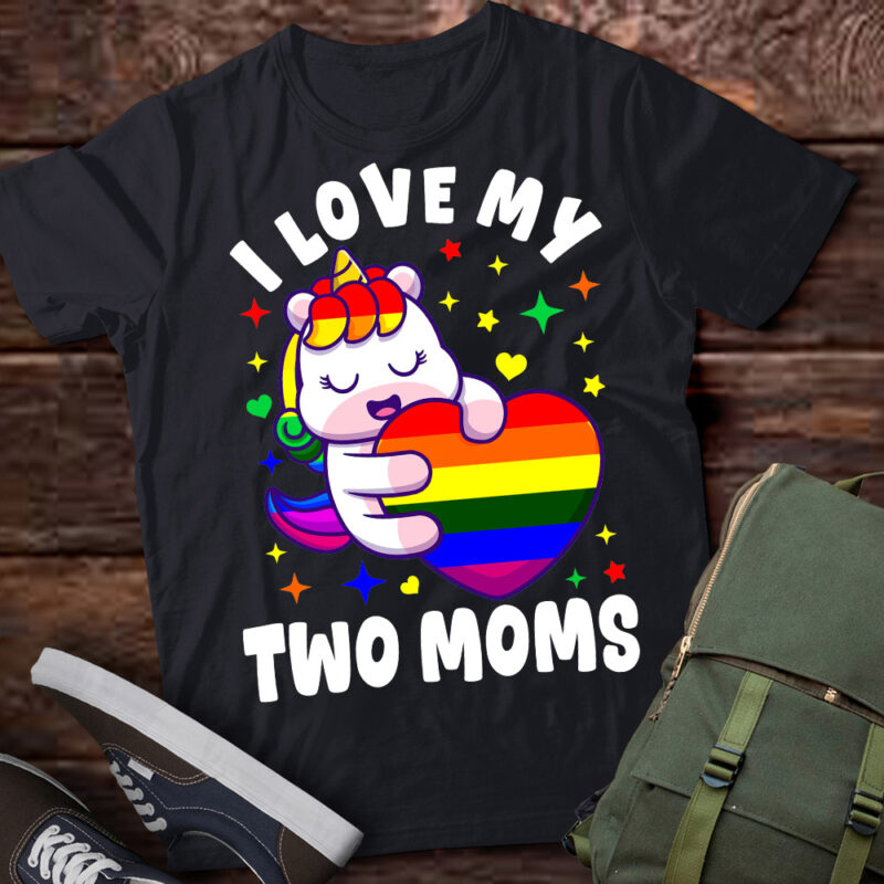 I Love My Two Moms Cute Lgbt Lesbian Unicorn Girls Kids T-Shirt ltsp