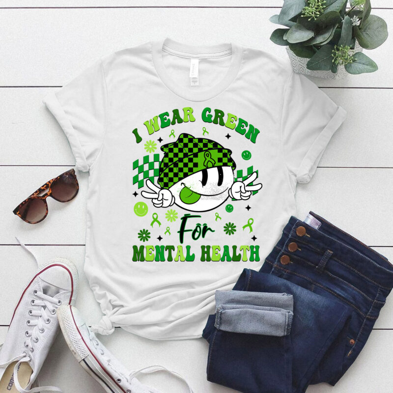 I Wear Green For Mental Health Awareness Groovy Smile Face T-Shirt ltsp