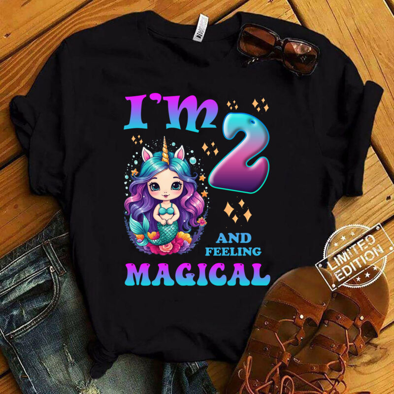 Kids I_m 2 Years Old Two 2nd Birthday 2yr Girl Unicorn Mermaid T-Shirt ltsp