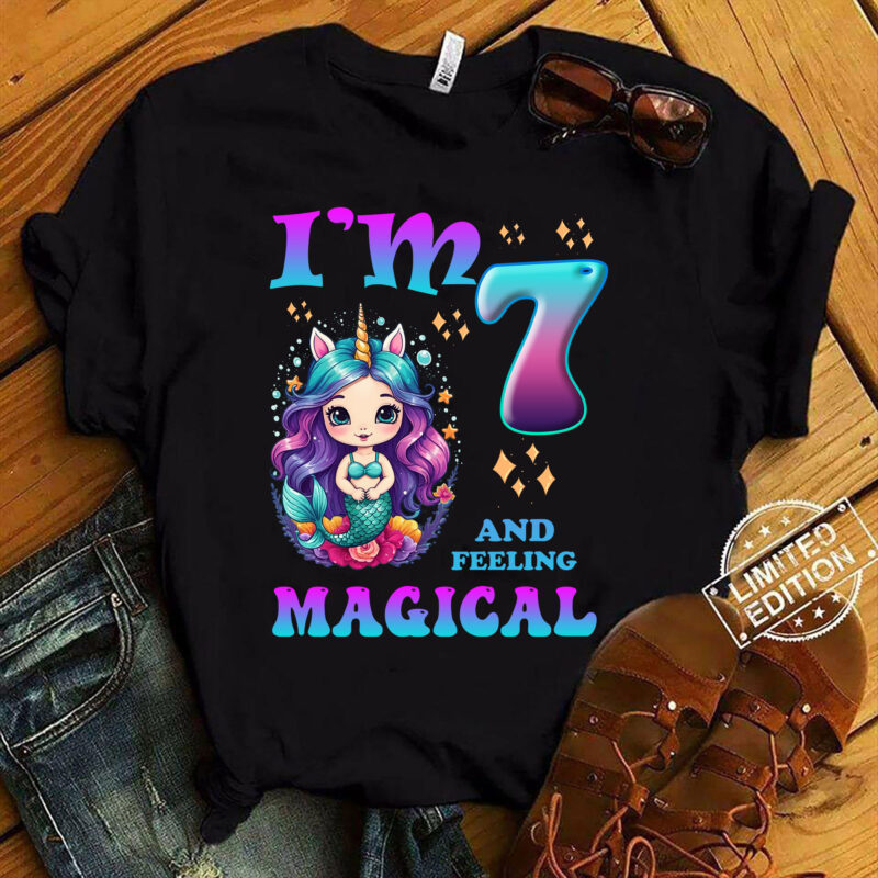 Kids I_m 7 Years Old Two 7nd Birthday 7yr Girl Unicorn Mermaid T-Shirt ltsp