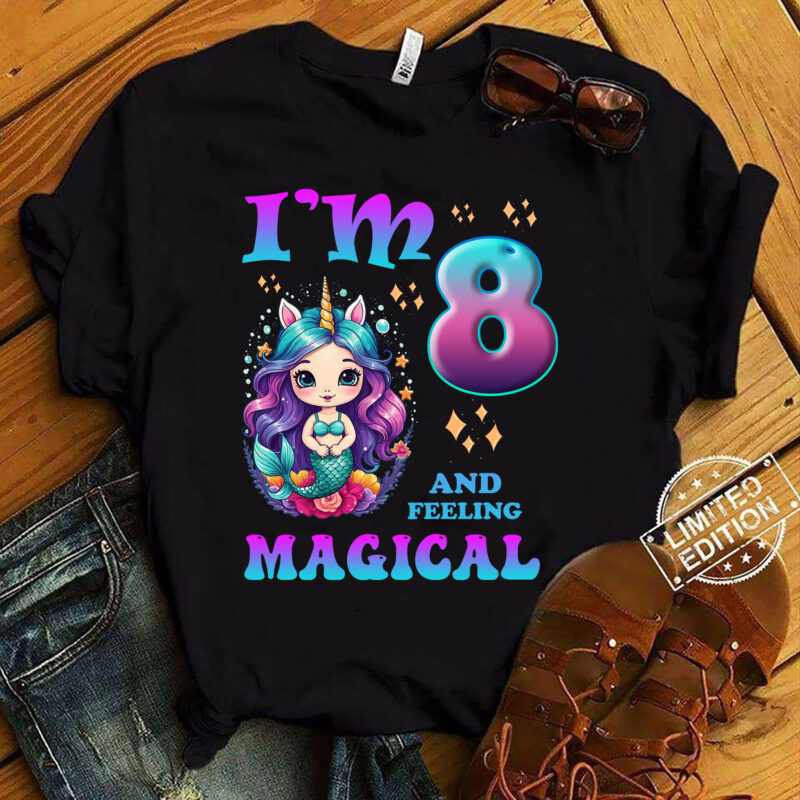 Kids I_m 8 Years Old Two 8nd Birthday 8yr Girl Unicorn Mermaid T-Shirt ltsp