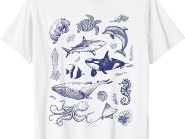 Ocean wildlife vintage shark turtle octopus graphic tees t-shirt