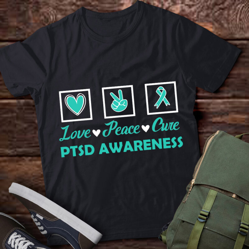 PTSD Awareness Love Peace Cure Teal Ribbon T-Shirt ltsp