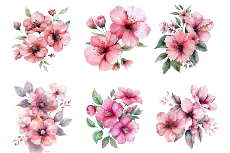 Pink Flowers Watercolor Clipart