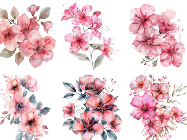 Pink flowers watercolor clipart t shirt illustration