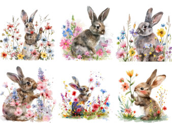 Bunny with Flowers Watercolor t shirt template
