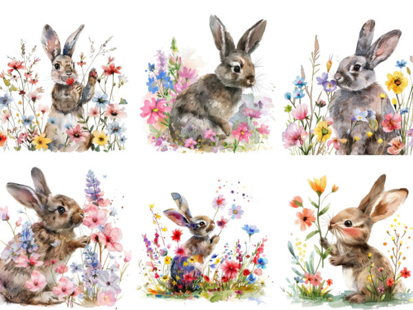 Bunny with flowers watercolor t shirt template