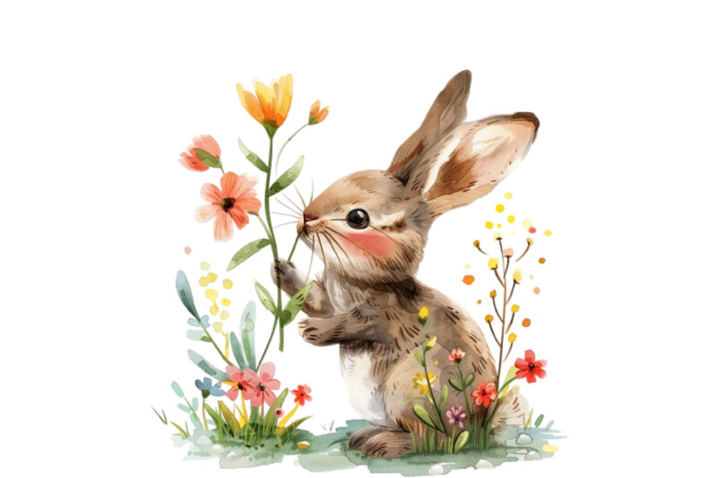 Bunny with Flowers Watercolor