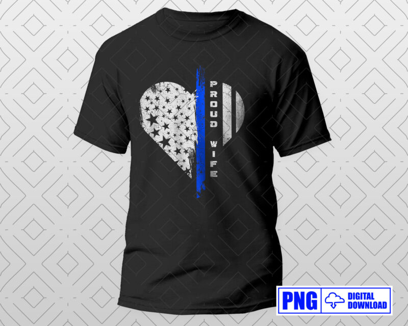 Proud Police Wife Gifts PNG, Thin Blue Line USA Flag with Heart Shape Clipart Sublimation File, Mothers Day Png, Patriotic 4th Of July Png