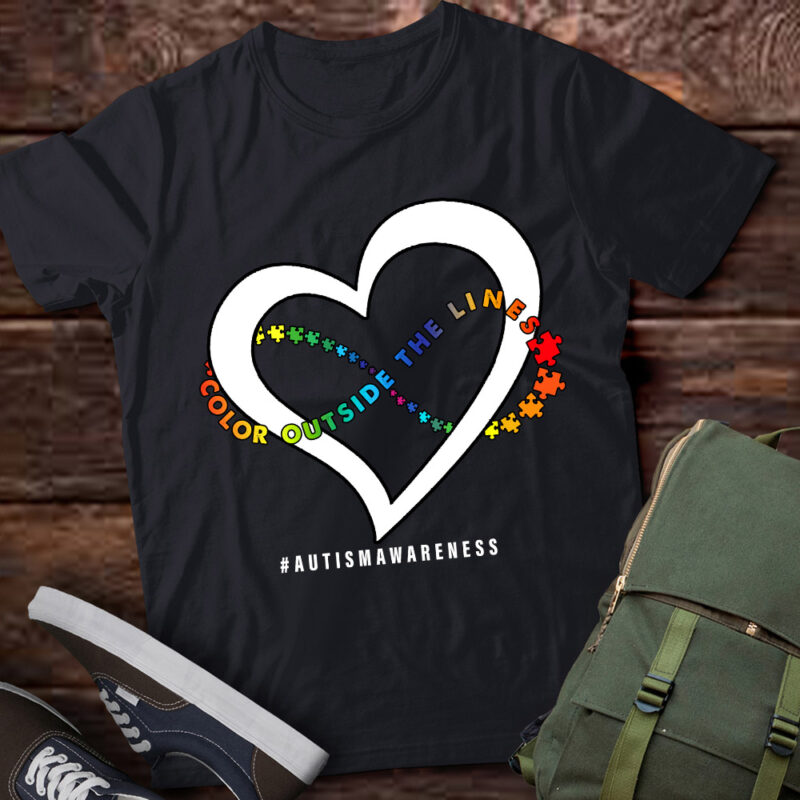 Puzzle Heart Color Outside The Lines Autism Awareness Support Teacher Family Mom T-Shirt PN