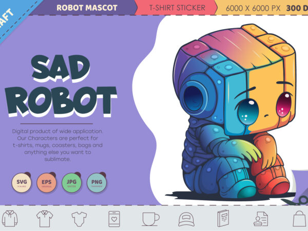 Sad cartoon robot. t-shirt, png, svg.