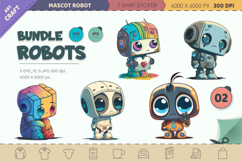 Bundle Cartoon Robots 02. T-Shirt Sticker.