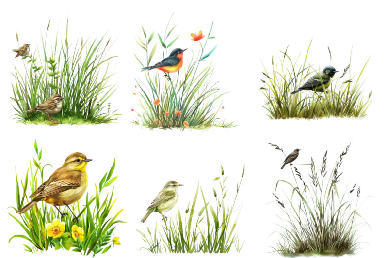 Spring Grass with bird Clipart