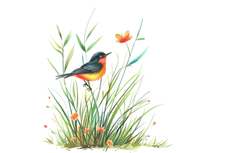 Spring Grass with bird Clipart