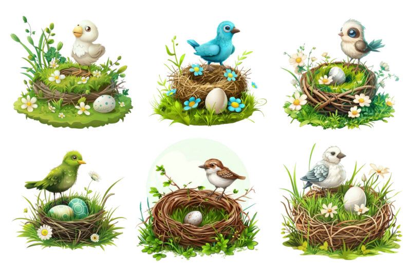 Spring Grass with cartoon bird clipart