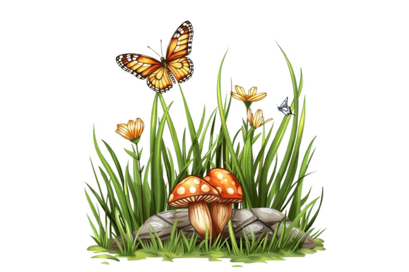 Spring Grass with mashroom and butterfly