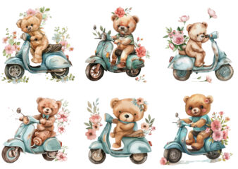 Teddy Bear ride vespa scooter with flower t shirt designs for sale