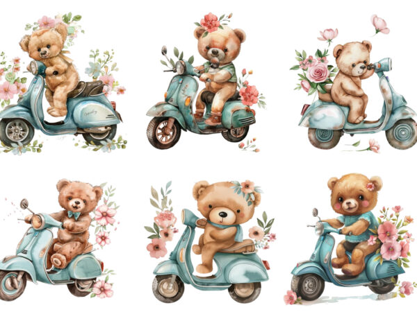 Teddy bear ride vespa scooter with flower t shirt designs for sale