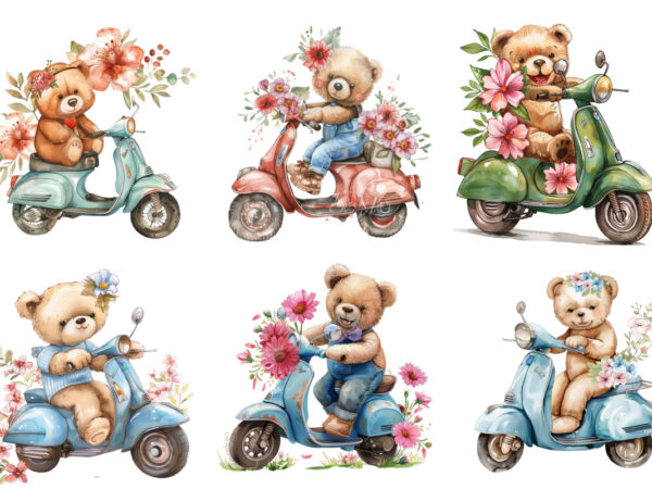 Teddy bear ride vespa scooter with flower t shirt designs for sale