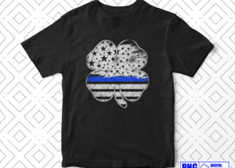 Shamrock Leaf Thin Blue Line USA Flag Police Png For St Patricks Day Gifts, Irish American Police 4th of July Patriotic Clipart Sublimation