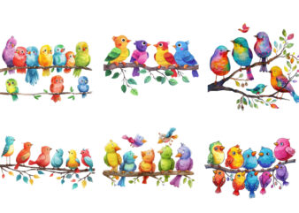 Whimsical Cartoon Birds Resting on Branch t shirt design for sale