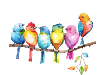 Whimsical Cartoon Birds Resting on Branch