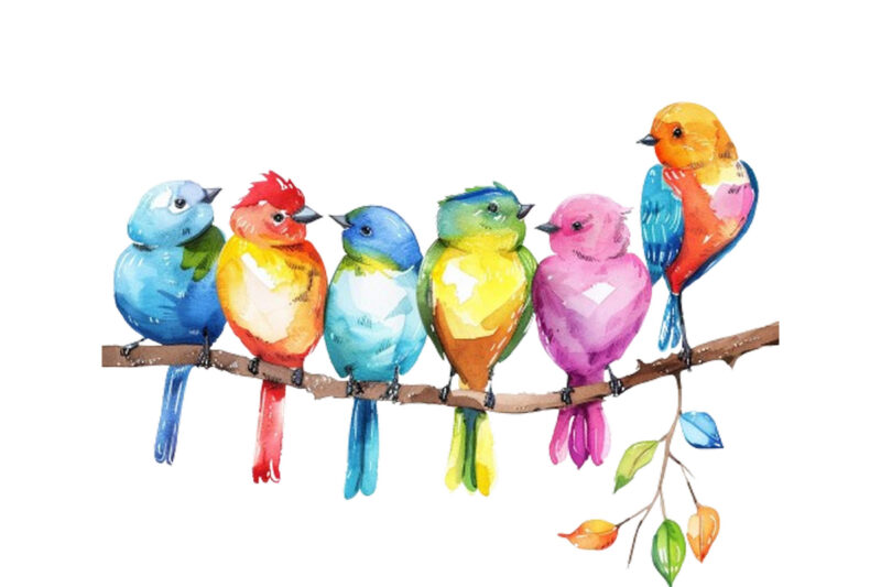 Whimsical Cartoon Birds Resting on Branch