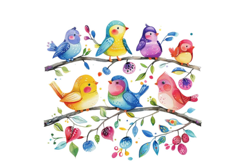 Whimsical Cartoon Birds Resting on Branch