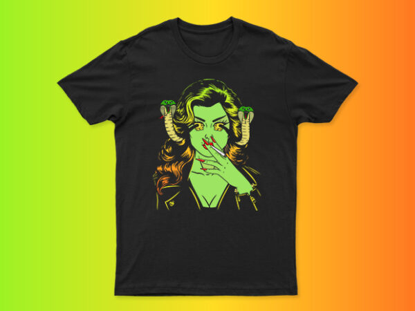 Woman with weed joint and snake from her eyes | premium creative t-shirt design for sale | ready to print | all files like